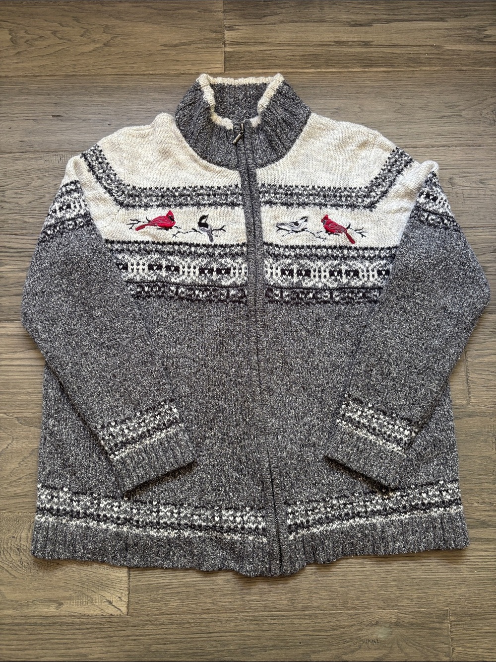 Northern Reflections | Grey and Cream Zip-Front Bird Embroidered Sweater Large